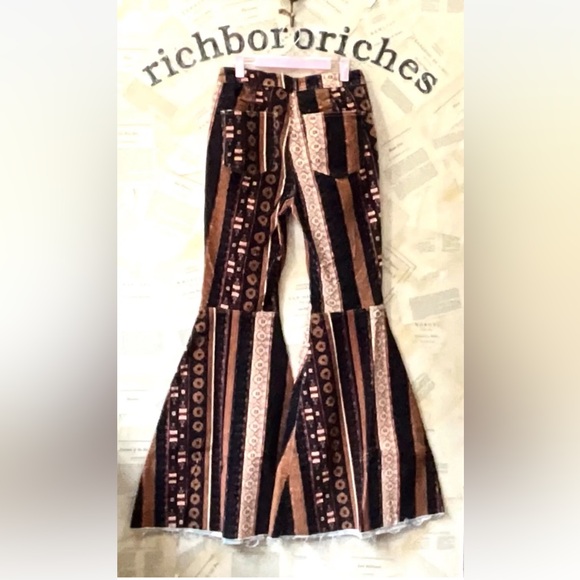 Free People Just Float On Flare Jean Corduroy Print Stripe Black Brown Tan - Picture 4 of 6